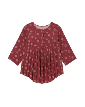 Sam 3/4 Sleeve Pleated Front Blouse | Burgundy / Ivory