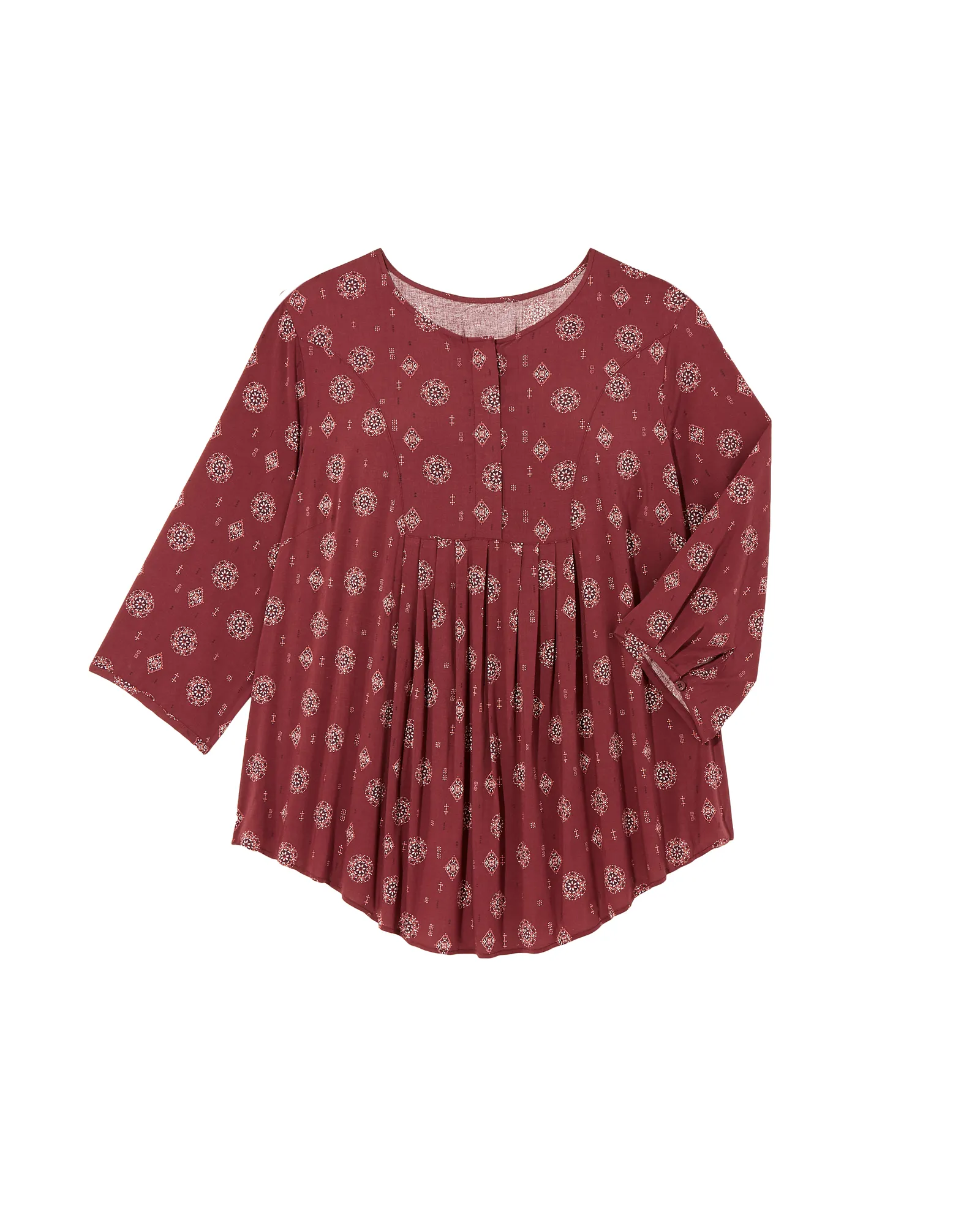 Sam 3/4 Sleeve Pleated Front Blouse | Burgundy / Ivory