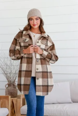 SHIRRED CUFF LONG SHACKET - BROWN CHECK