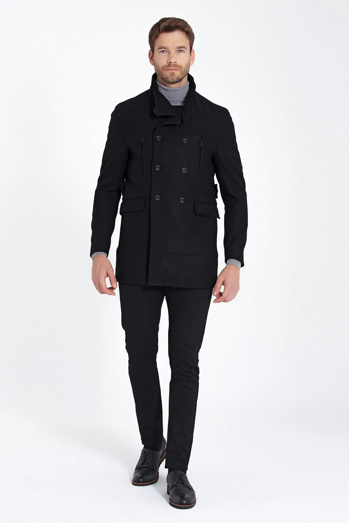 Slim Fit Cachet Double Breasted Black Wool Blend Overcoat