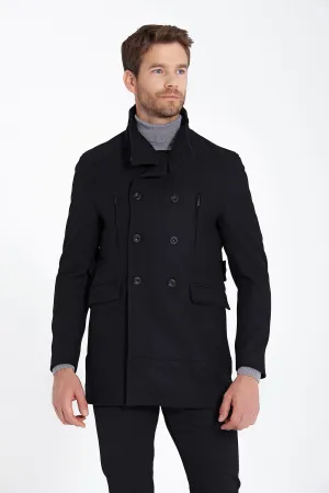 Slim Fit Cachet Double Breasted Black Wool Blend Overcoat