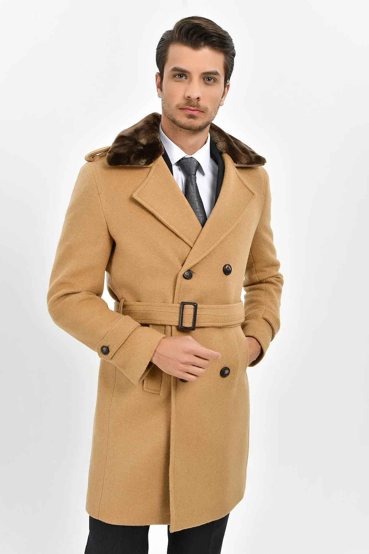 Slim Fit Cachet Double Breasted Camel Wool Blend Overcoat