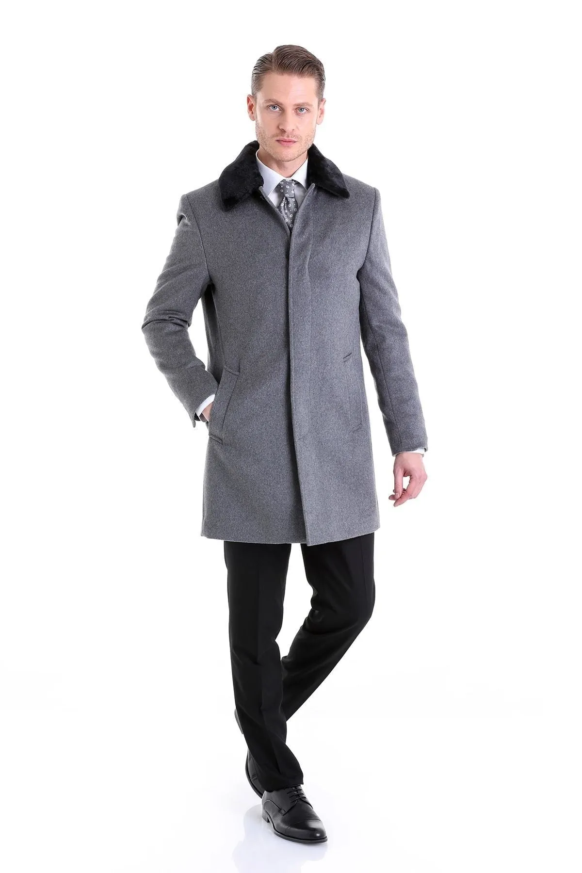 Slim Fit Cachet Flat Collar Gray Wool Blend Overcoat