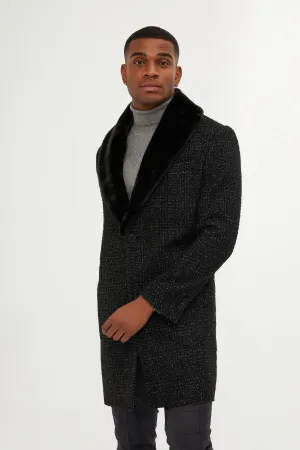 Slim Fit Cachet Shawl Collar Black Wool Blend Overcoat