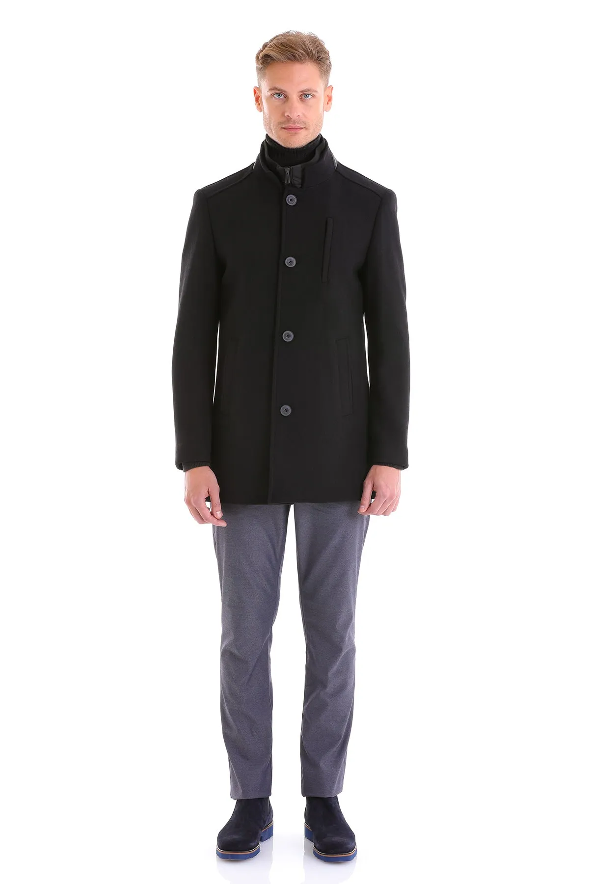 Slim Fit Cachet Stand Collar Black Wool Blend Overcoat