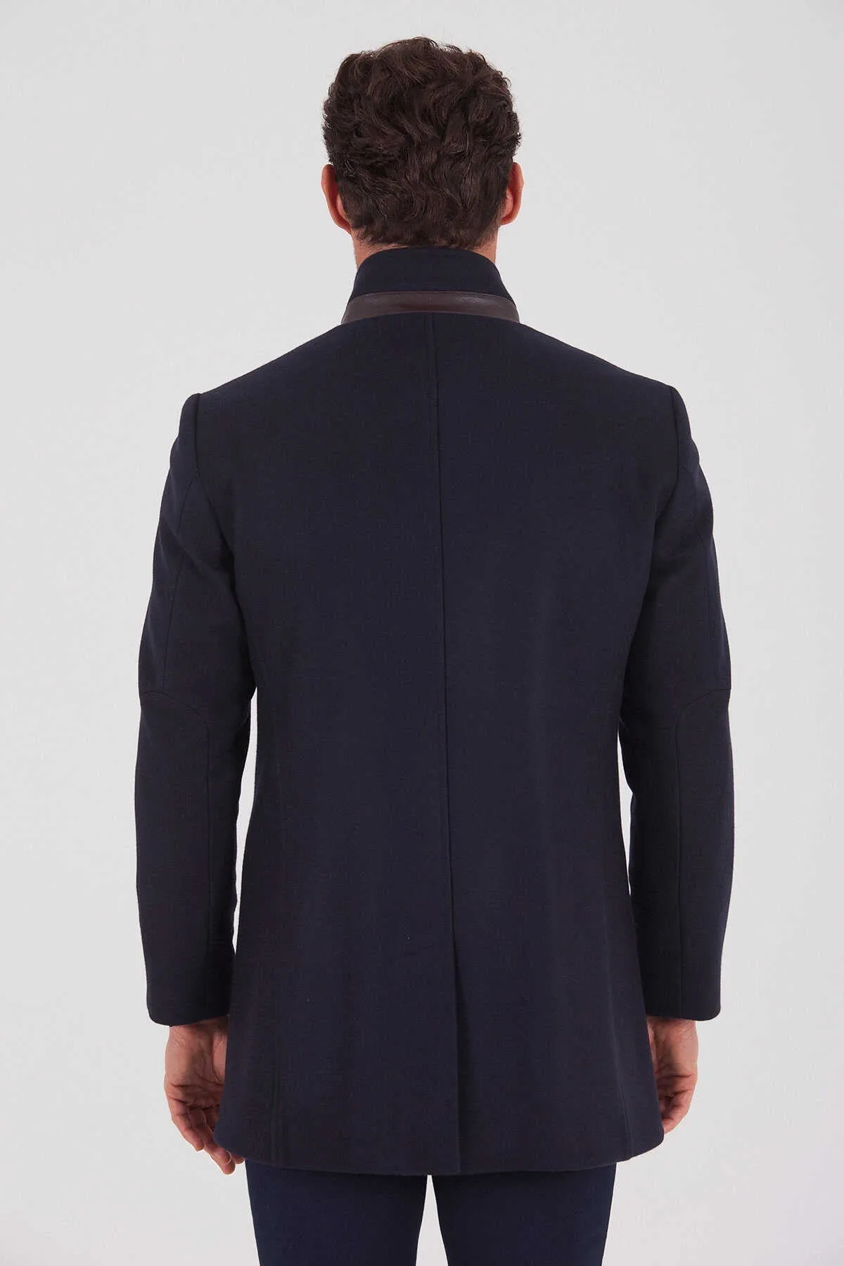 Slim Fit Wool Blend Funnel Stand Collar Navy Overcoat