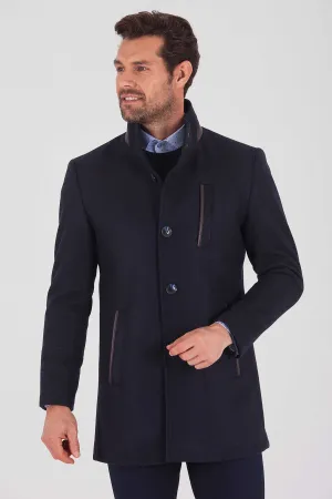 Slim Fit Wool Blend Funnel Stand Collar Navy Overcoat