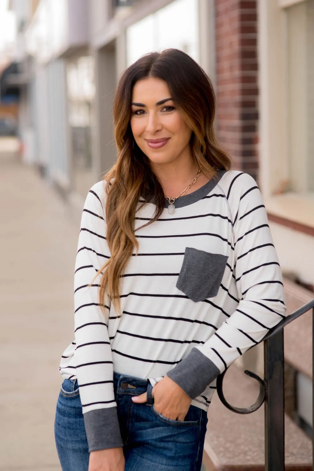 Striped Solid Trim Pocket Tee