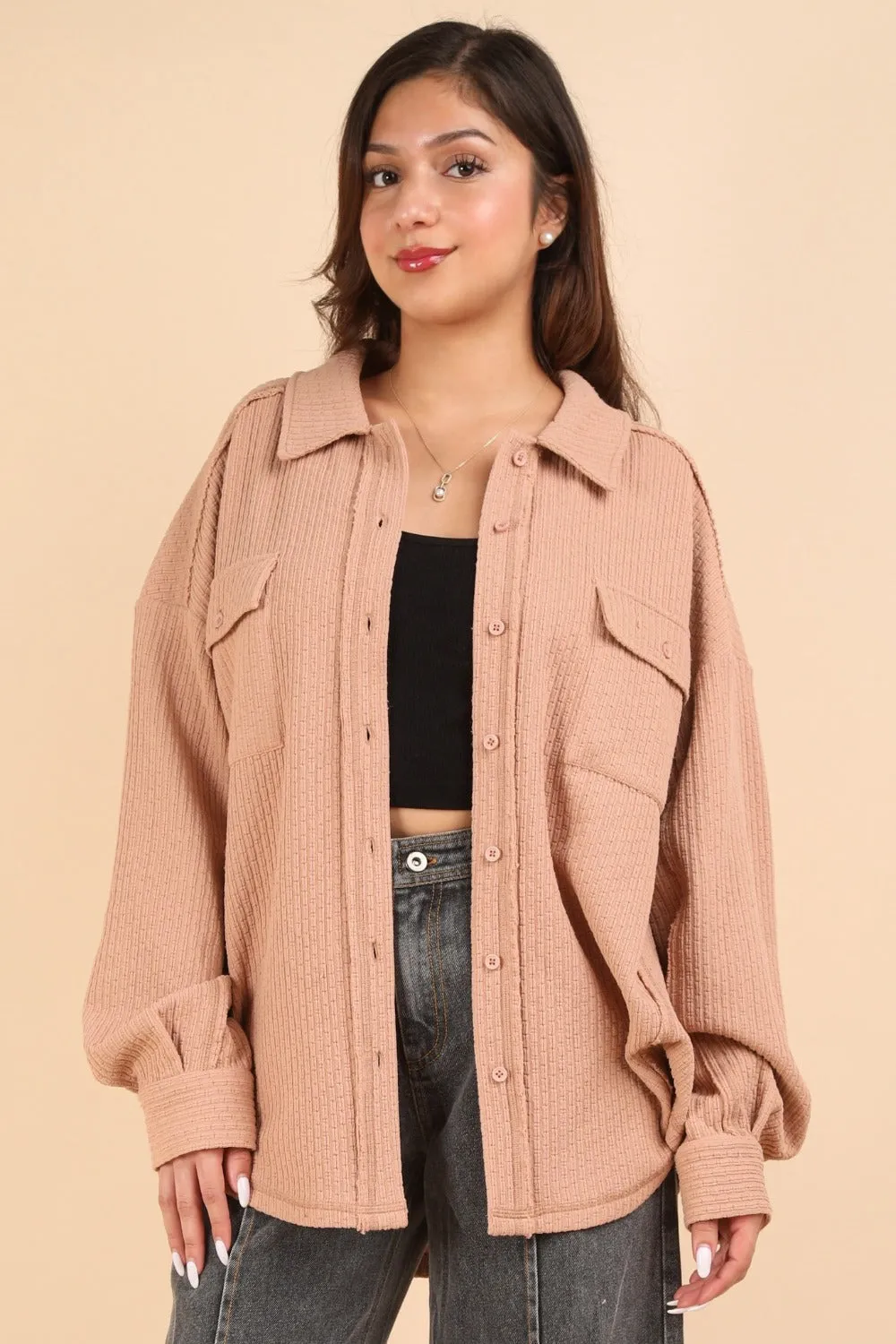 Textured Knit Button Down Blush Shacket for Women