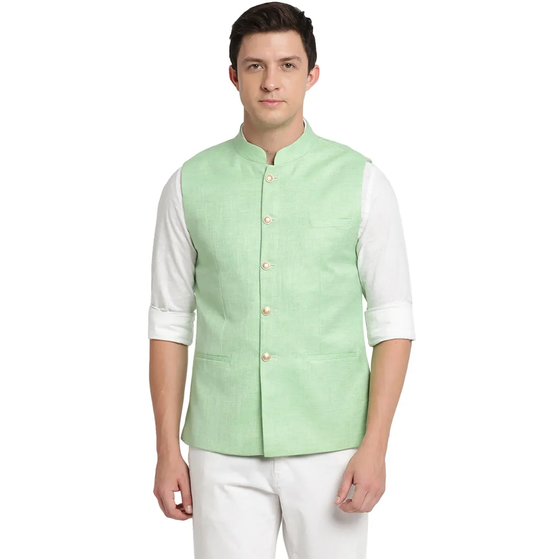 Turtle Men Light Green Solid Nehru Jacket