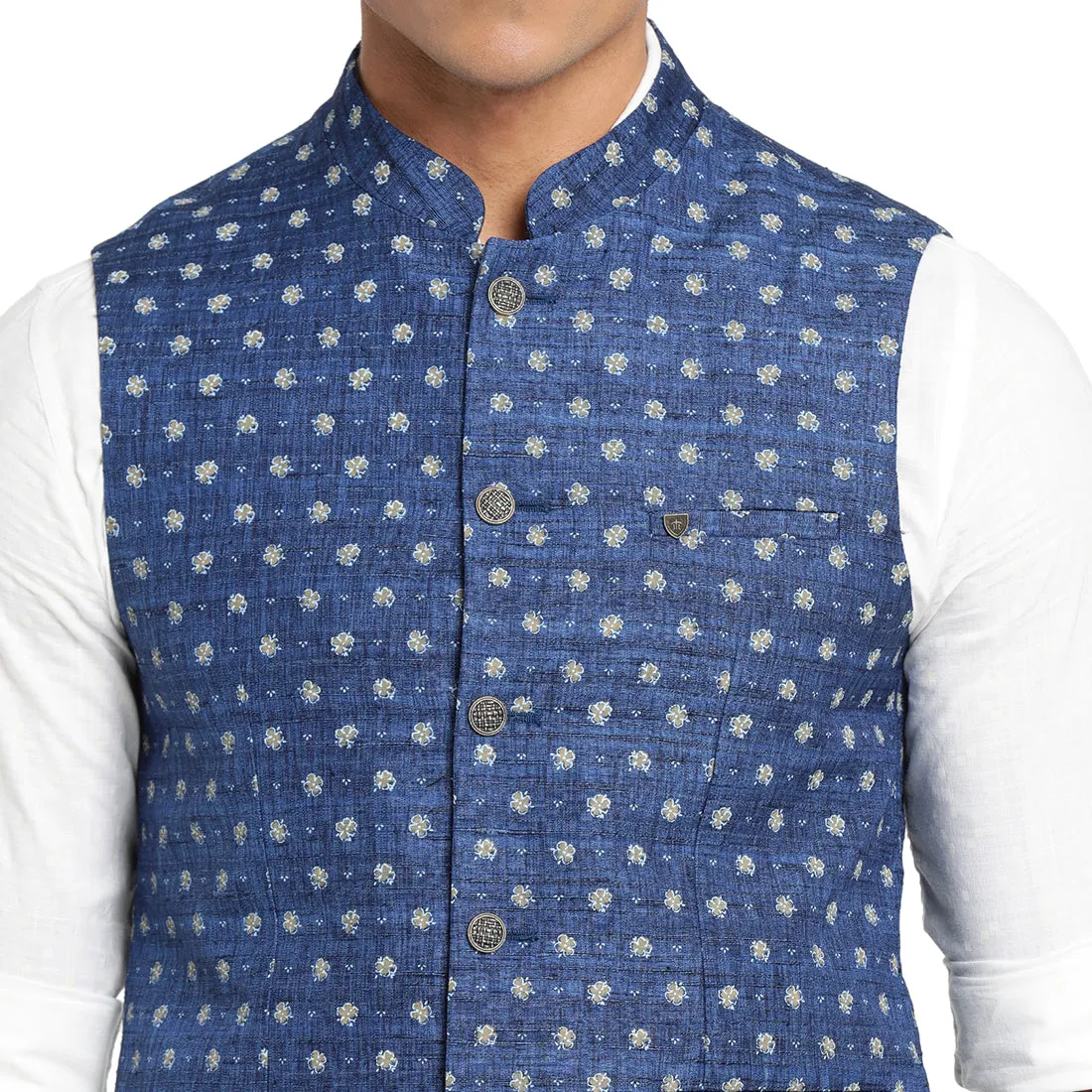 Turtle Men Navy Blue Self Design Nehru Jacket