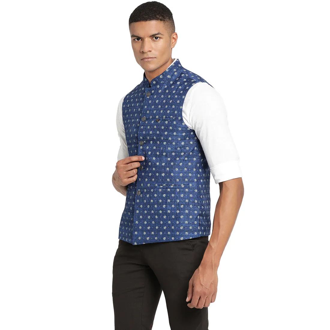 Turtle Men Navy Blue Self Design Nehru Jacket