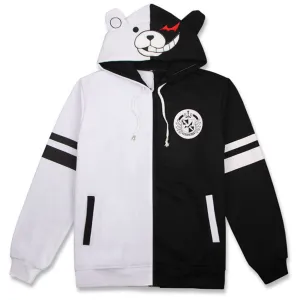 Unisex Danganronpa Monokuma Cosplay Hoodie with Ears Black White Bear Pullover Sweatshirt Outfit