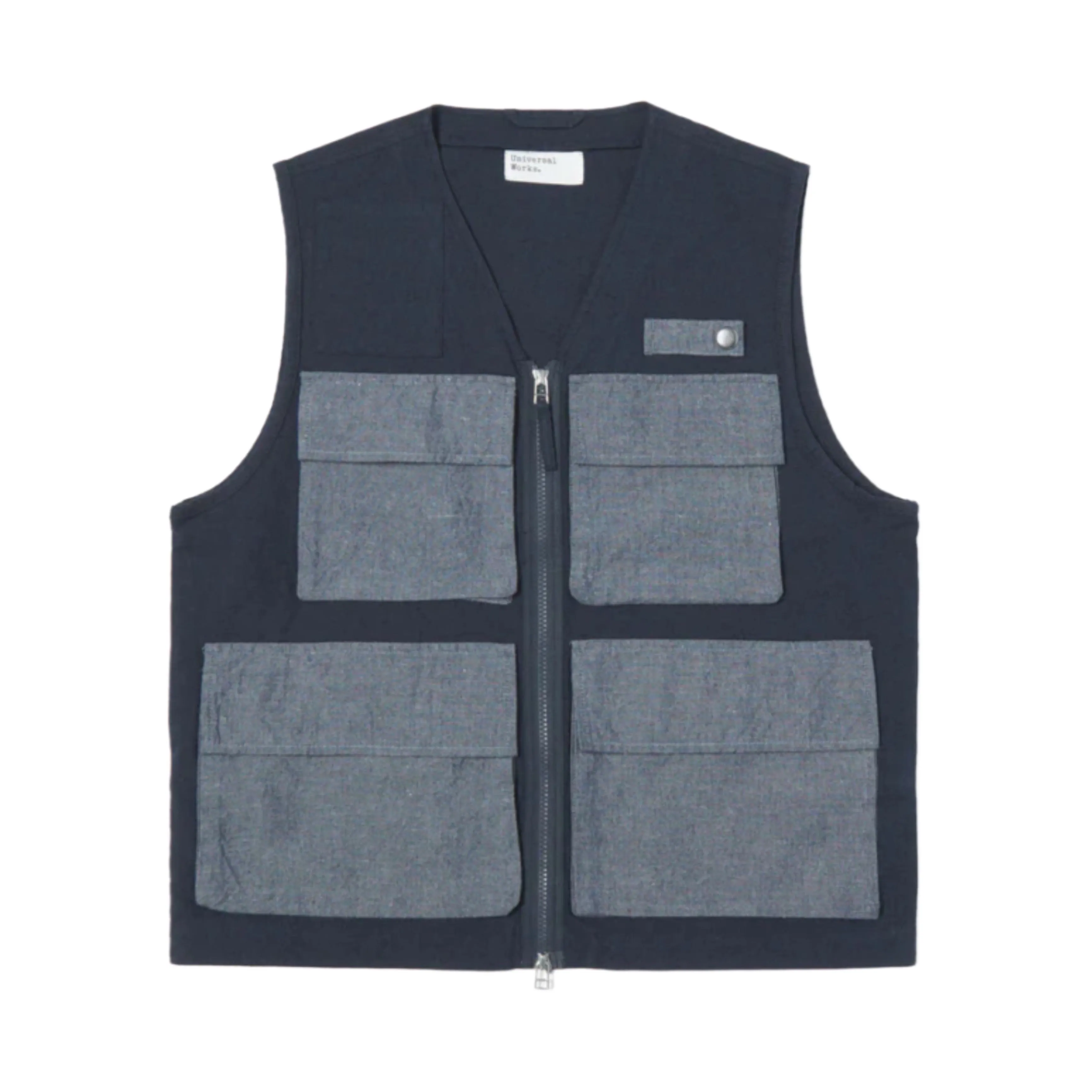 UNIVERSAL WORKS Photographers Gilet In Navy Grey Lord Cotton Linen