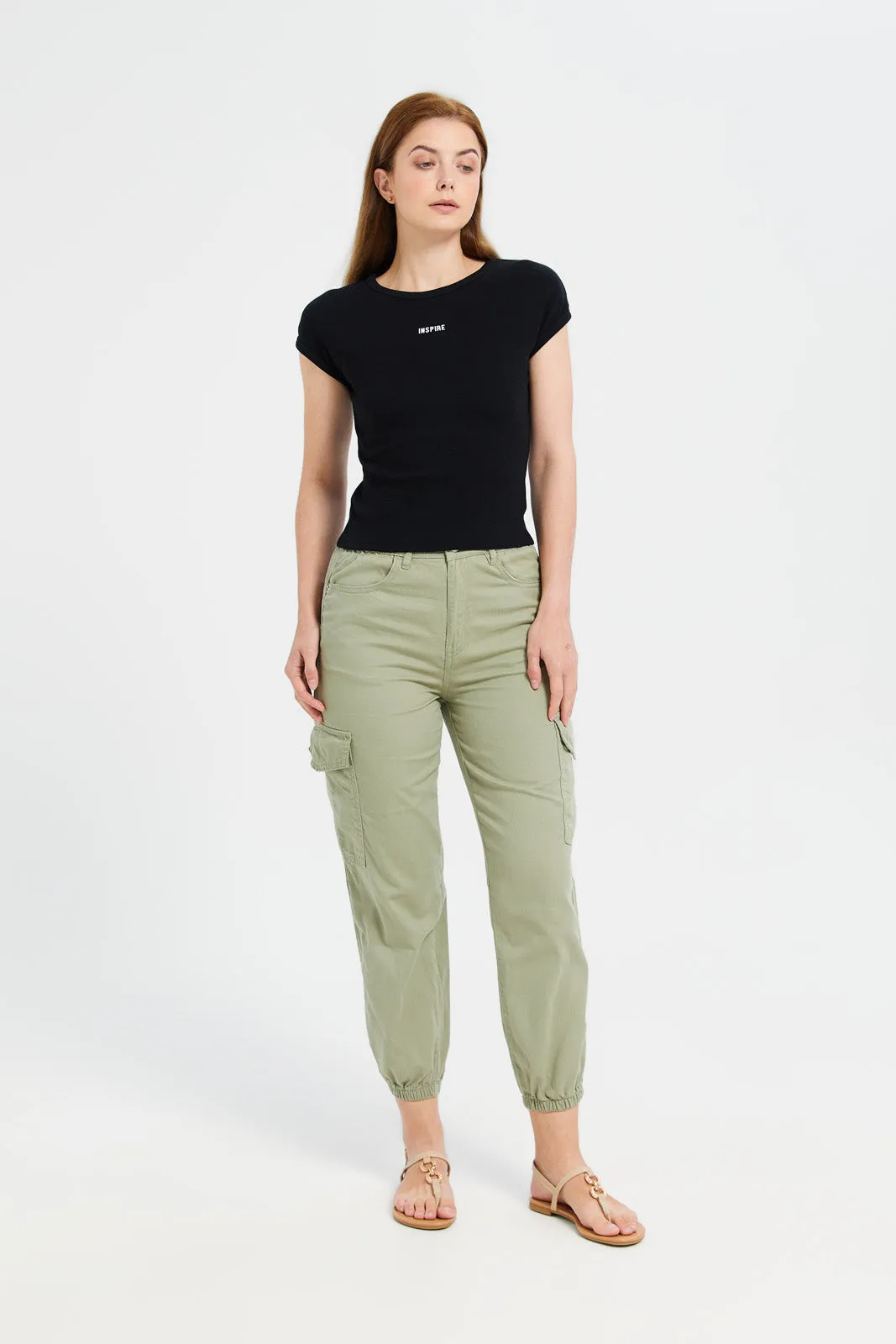 Women Green Mid Waist Cargo Pants