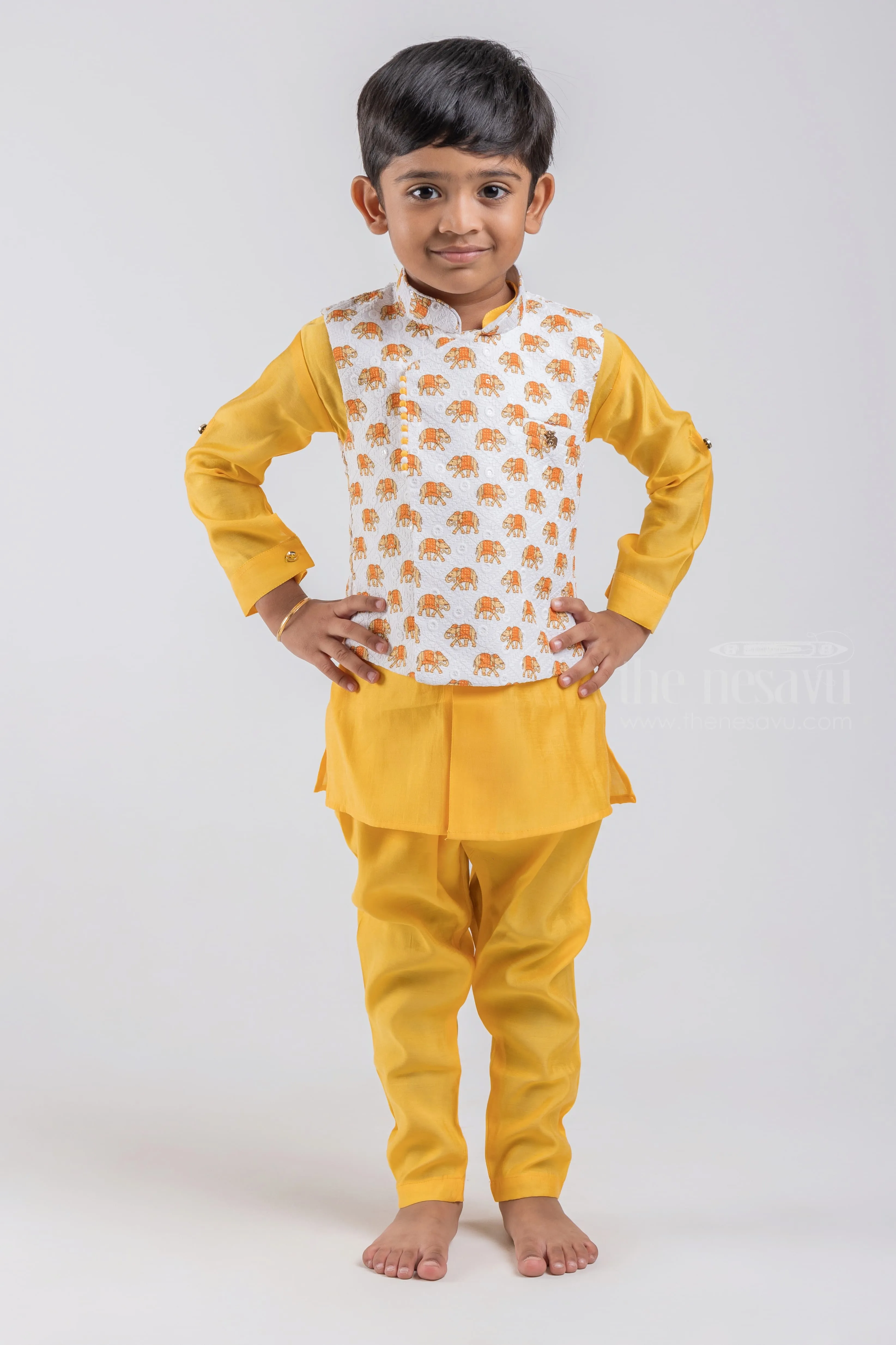 Yellow Cotton Boys Ethnic Kurta with Animal Printed White Overcoat and Navy Dhoti and Pant