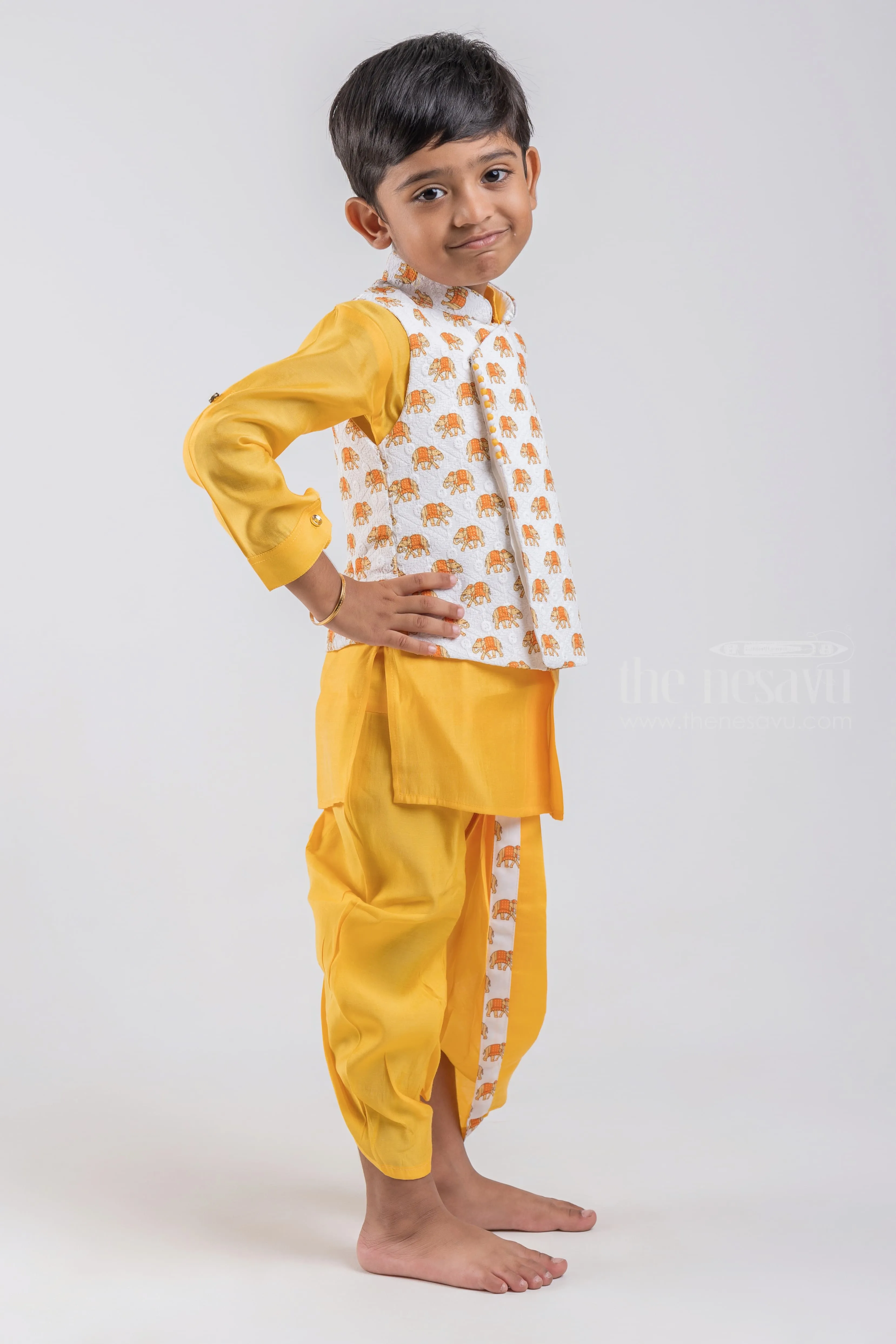 Yellow Cotton Boys Ethnic Kurta with Animal Printed White Overcoat and Navy Dhoti and Pant