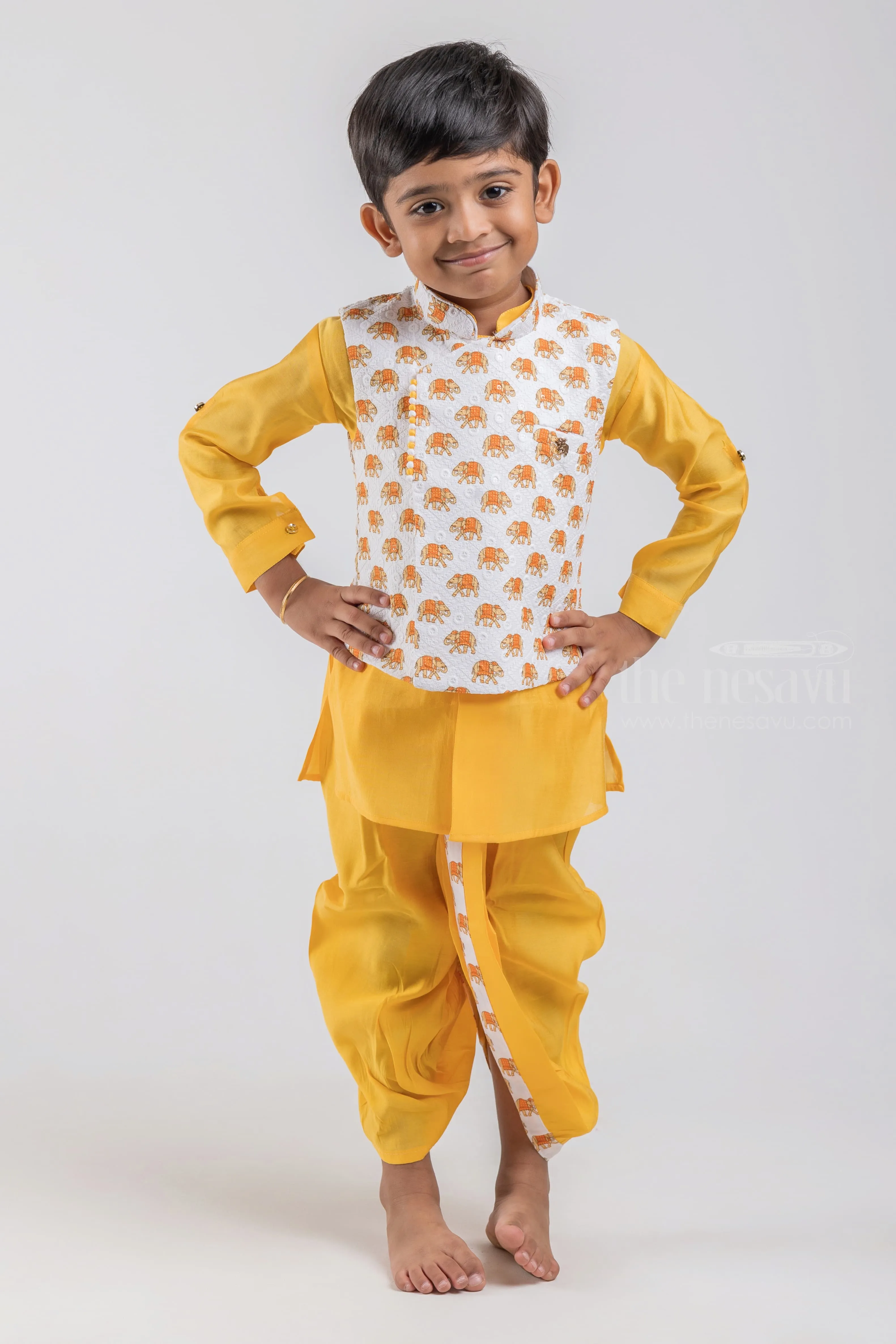 Yellow Cotton Boys Ethnic Kurta with Animal Printed White Overcoat and Navy Dhoti and Pant